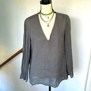 Zara NWOT Womens Linen Blouse Gray VNeck Long Sleeve Oversized Small